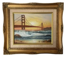 Vintage Framed San Francisco Golden Gate Bridge Oil Painting Landscape Ornate
