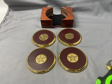 Set  Of 4 Texaco Brass And Leather Coasters