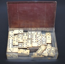 Antique Bone  Ebony MINI Domino Set- 47 piece, 19th c Sailor Made, Orig Case