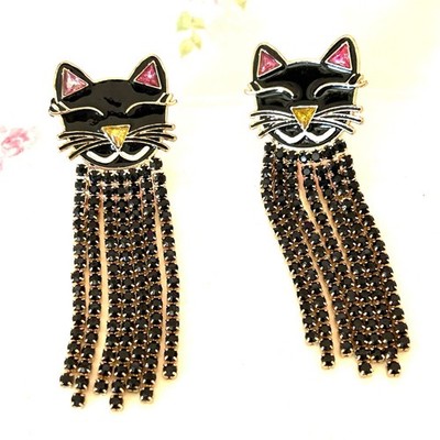 Sugarfix Cat Fringe Earrings Black Rhinestone Enamel Kitty Dangle 