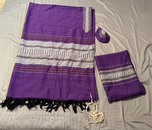 Beautiful Israel Gabrieli Purple Wool Tallis / Tallit with Bag & Matching Kippah