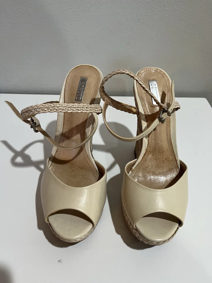 Sandalias Schutz para mujer Oyster Mable cuña plataforma tacón talla 6 cuero correa al tobillo Foto 2 de 4