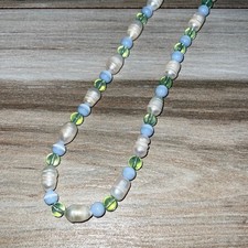Faux Pearl and Blue And Green Glass Bead Necklace