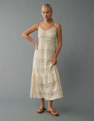 American Eagle Tiered Lace Midi Dress Wedding Bridal Maxi Off White Cream Ivory