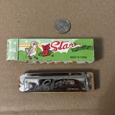 Vintage 1990s Star Toy Harmonica UC 520 Nickel Plated Wood 4" x 1" Red Edge