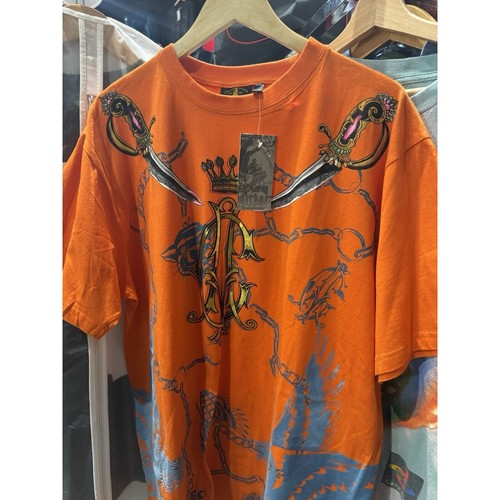 Vintage Y2K NWT Christian Audigier Ed Hardy Orange Velvet Graphic T Shirt 2XL - Picture 2 of 6