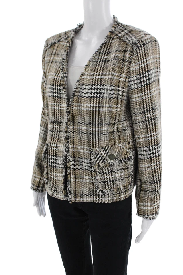 Chaqueta a Cuadros Zara Para Mujer Forrada Mangas Largas Flecos Parche Bolsillo Talla L Foto 2 de 4