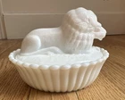 VTG Westmoreland Milk Glass Lion on a Nest Basket Covered Dish 5.5" by 4.25"