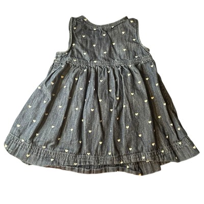 Baby Gap Denim Jumper Dress 6-12 Months White Heart Print Snap Shoulder Straps