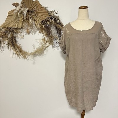 Made In Italy 120% Lino short sleeve linen dress Sequin Brown Casual Size S
