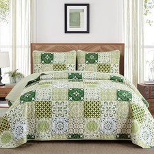 Quilt Set Size, Boho Sage Plaid Patchwork Bedspreads Coverlet Set, King Green