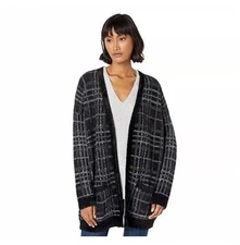 Joan Vass Black Plaid Furry Fuzzy Open Cardigan Sweater Size Medium Pockets Cozy