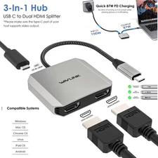 USB C to Dual 4K HDMI Adapter 3-In-1 with 87W Power Delivery 4K@60Hz Display