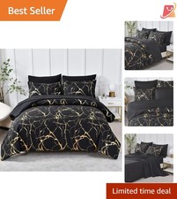 King Comforter Set Microfiber Black Marble Foil Print All Season Bedding