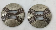Lot (2) Antiqued Brown/Silver Engraved 1 1/2" Conchos, Very Nice!