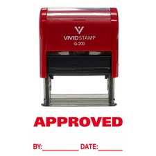 Approved w/by Date Line Self-Inking Office Rubber Stamp (Red) - Medium