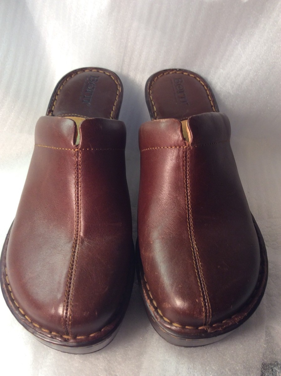 BORN Brown LEATHER Wedge MULES Clogs Slip On Heels 8m  display picture 2