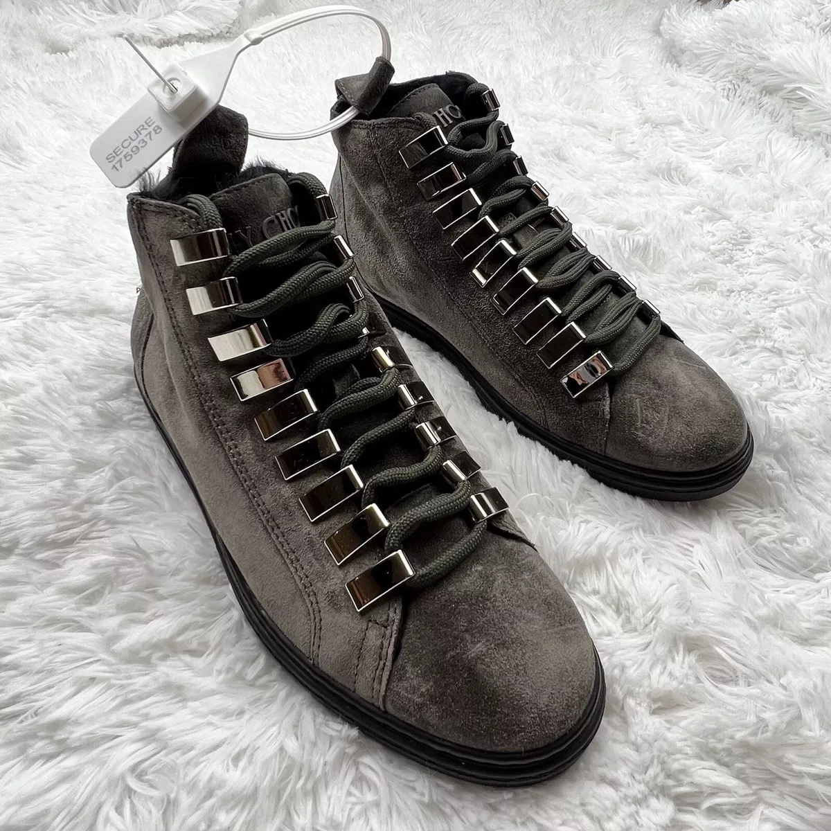 Jimmy Choo Star Studded Rabbit Fur Interior Brown Suede Sneakers Metal Eyelets