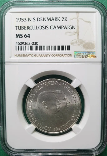 1953 N S DENMARK 2 KRONER TUBERCULOSIS CAMPAIGN SILVER  NGC MS 64