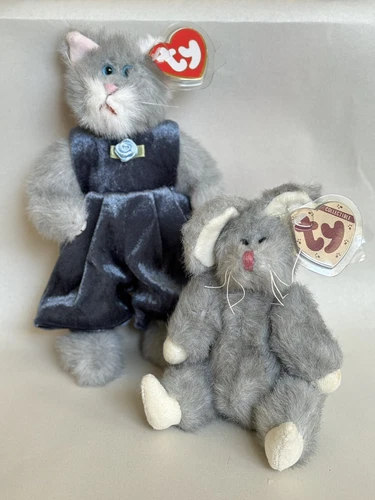 TY VTG ‘93 Plush Jointed Beanies Cat And Mouse Whiskers & Squeaky