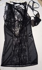 NWT Fredericks Of Hollywood Babydoll Thong Set Black Lace Halter 1 Size Fits All