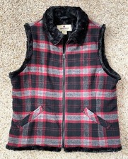 Woolrich Wool Blend Vest Women's L Large Black Red Buffalo Plaid Faux Fur Lined