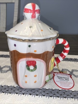 Mr  XMAS Ceramic Gingerbread House Mug 23 oz Lid Hot Cocoa Coffee Peppermint NEW
