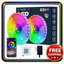 Led Strip Lights 60ft RGB Color Changing Music Sync Built-in Mic Bluetooth