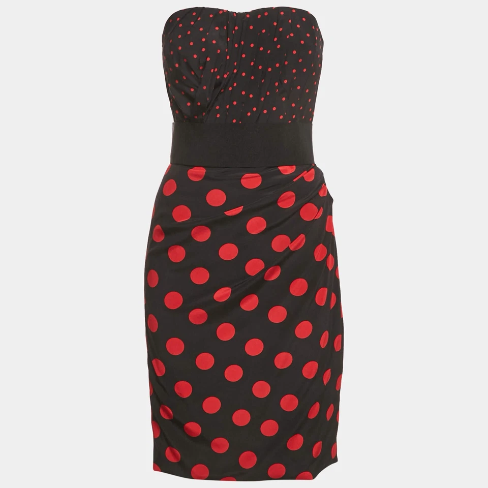 Mini Vestido Dolce Gabbana Negro Estampado Lunares Seda Sin Tirantes M