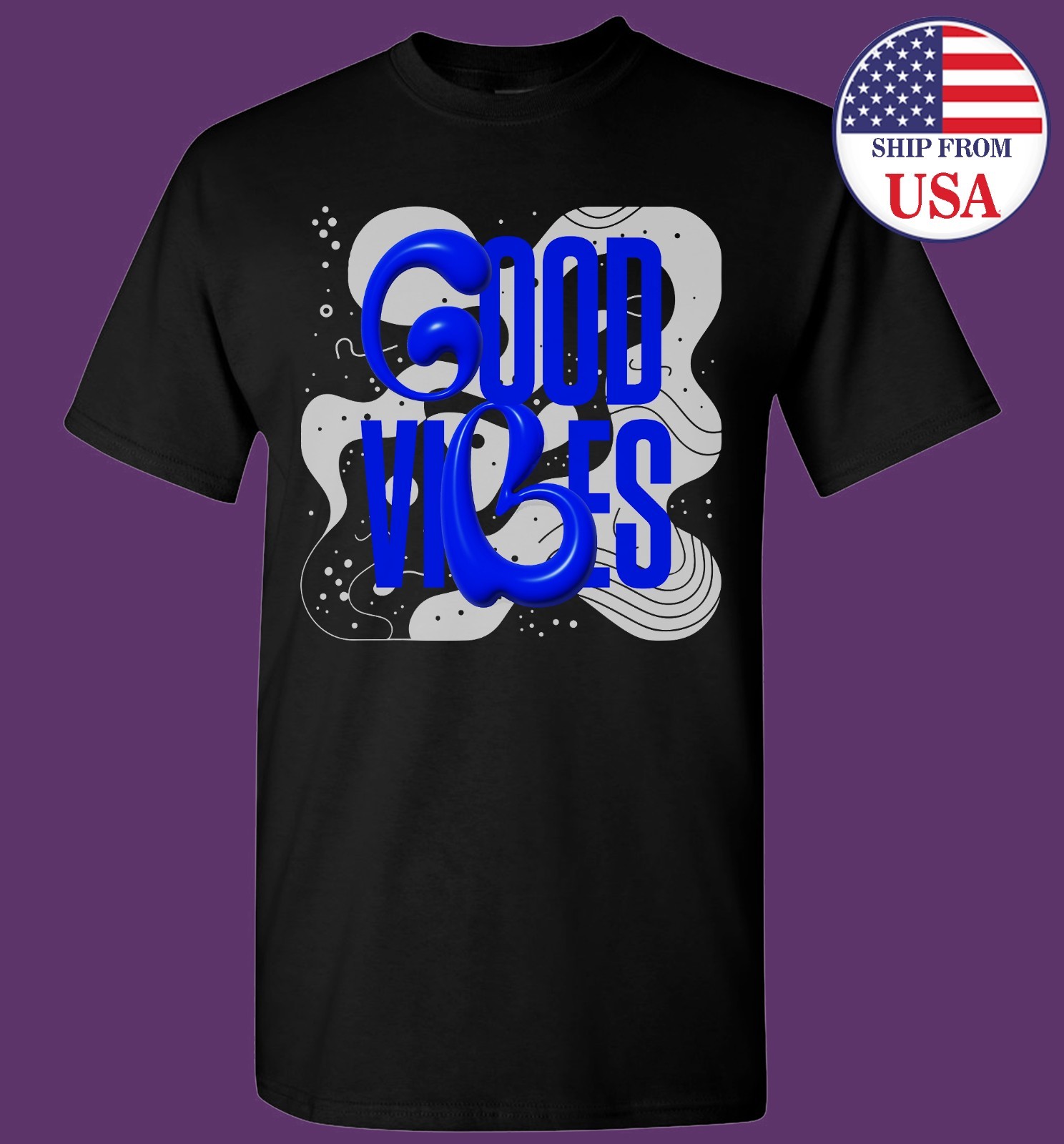 Good Vibes T-Shirt 3D Blue Typography Graphic Tee Abstract Art Top
