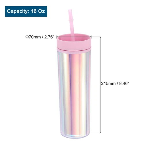 Skinny Acrylic Tumbler with Lid & Straw, 16Oz Iridescent Tumblers (Pink) - Picture 2 of 6