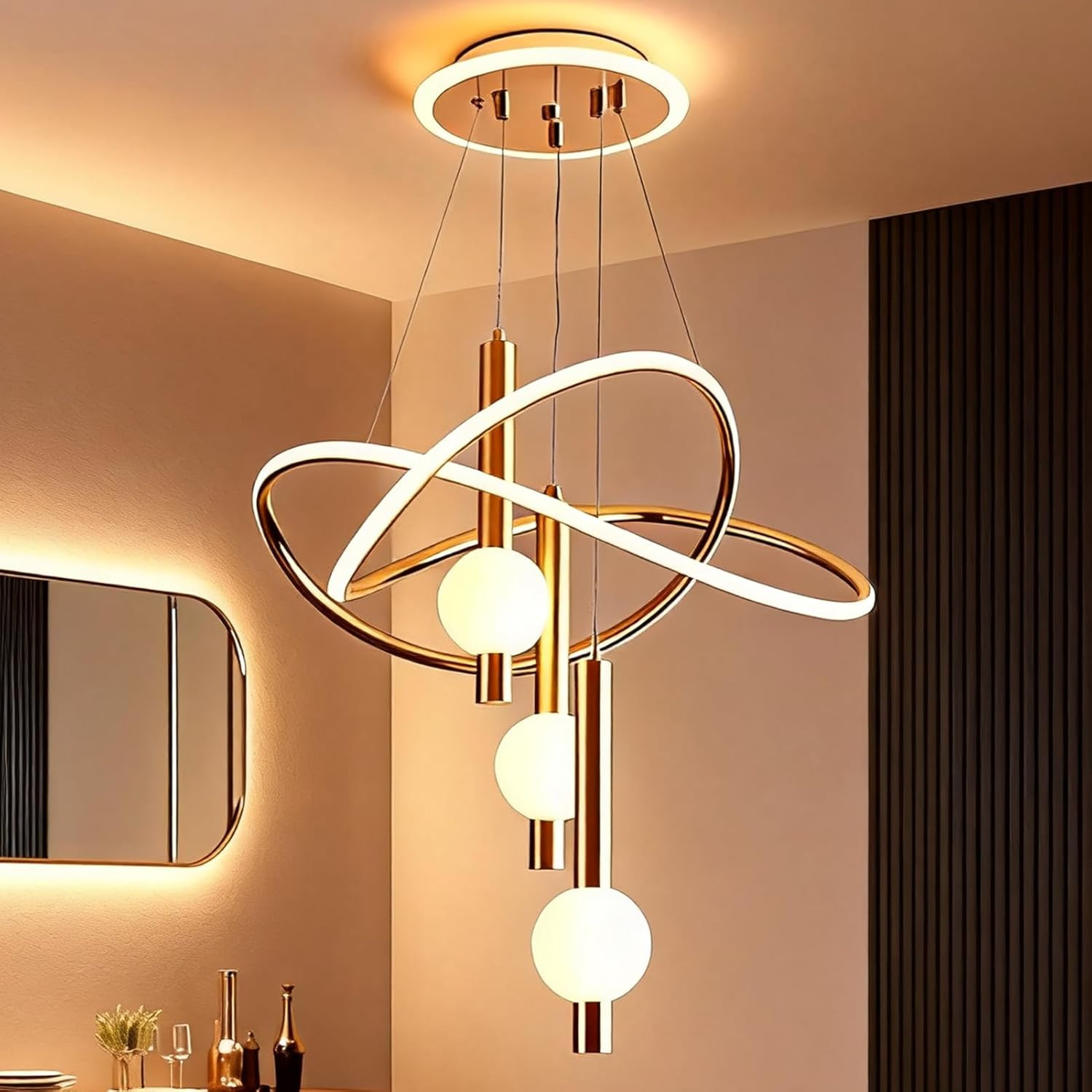 Adjustable 3-Color Brass Gold LED Chandelier for Dining & Living Rooms
