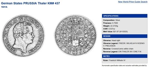 1841 Hanover Germany Prussia Silver 1 Thaler - NGC Graded VF