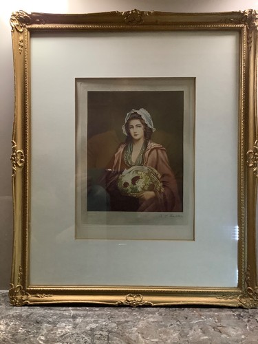 Antique Framed Colour Mezzotint Print - “The Salad Girl” by A E Hester