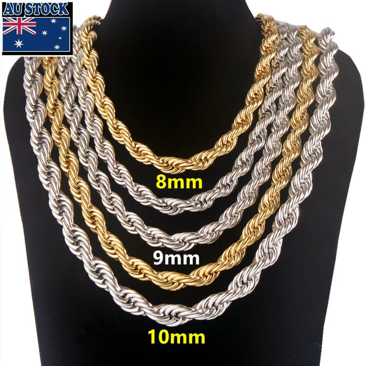 8/9/10mm 18K Gold Plated Silver Stainless Steel Heavy Thick Rope Chain  Necklace