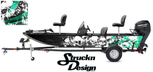 Skulls Graphic Abstract Fishing Bass Boat Wrap US Decal Vinyl Pontoon Black Teal
