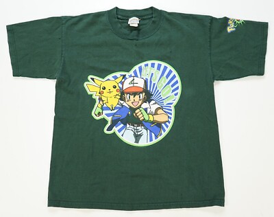 Rare VTG POKEMON Ash Ketchum Pikachu Let s Go T Shirt 90s TV Show Green Youth L