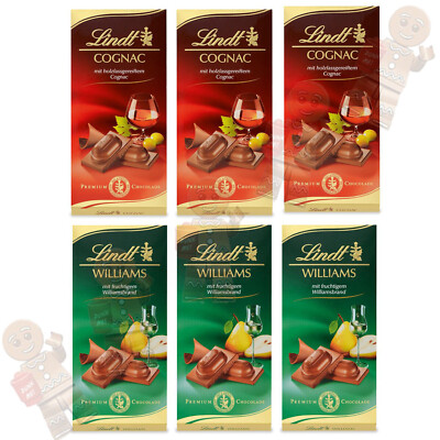 6x LINDT ALKOHOL TAFELN | 6x 100 g | 3x Cognac & 3x Williams |  600g