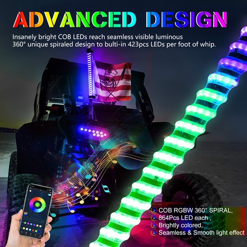 5X 3ft RGB LED Spiral Whip Lights Antenna APP & Remote for ATV UTV Polaris RZR - Bild 4 von 17