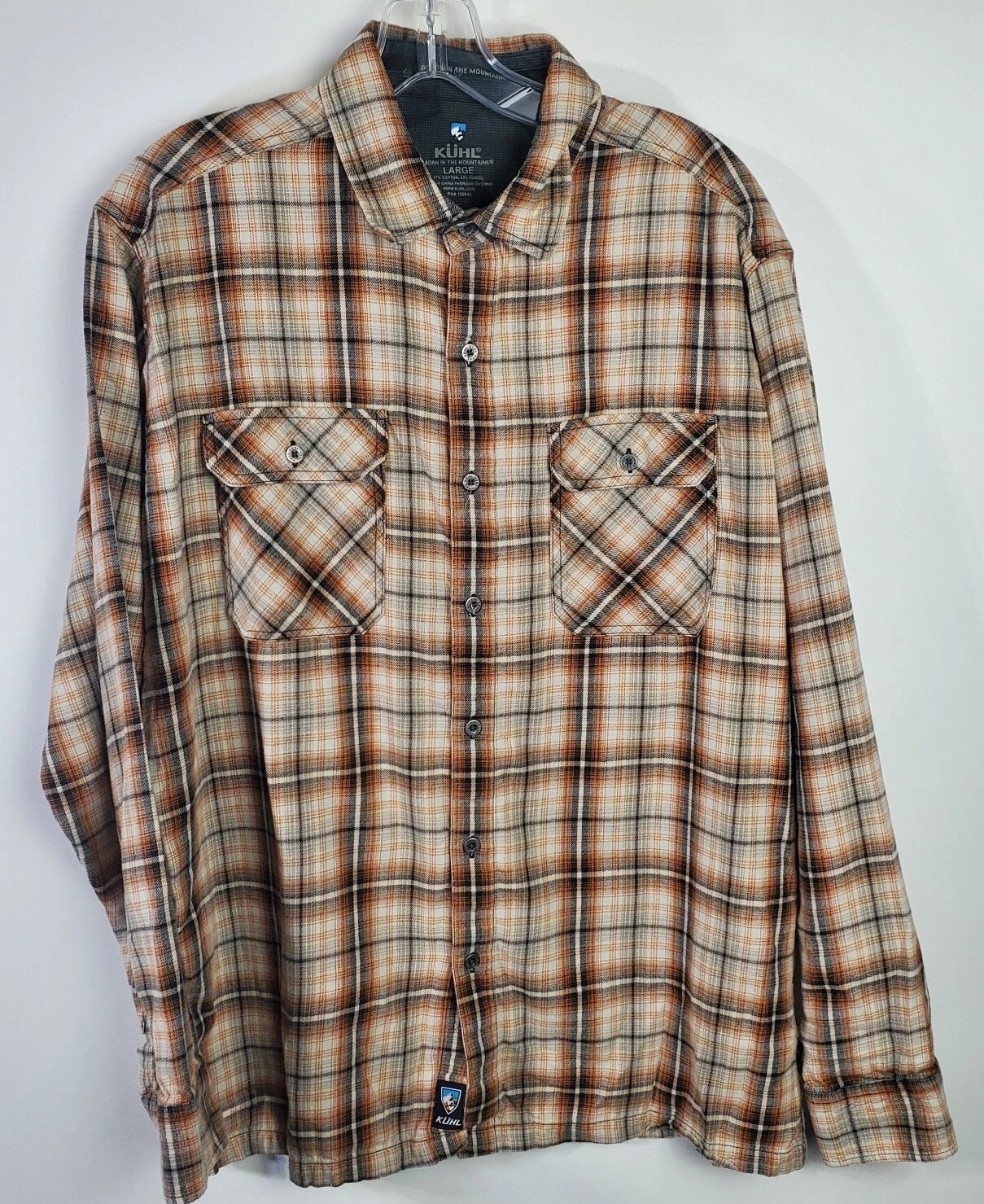 Kuhl Shirt Mens Large Brown Black Orange Plaid Long Sleeve Outdoor Hiking Casual