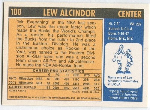 2001-02 NBA Topps 'Reprints' Lew Alcindor #100 Milwaukee Bucks Insert Card - Picture 2 of 2