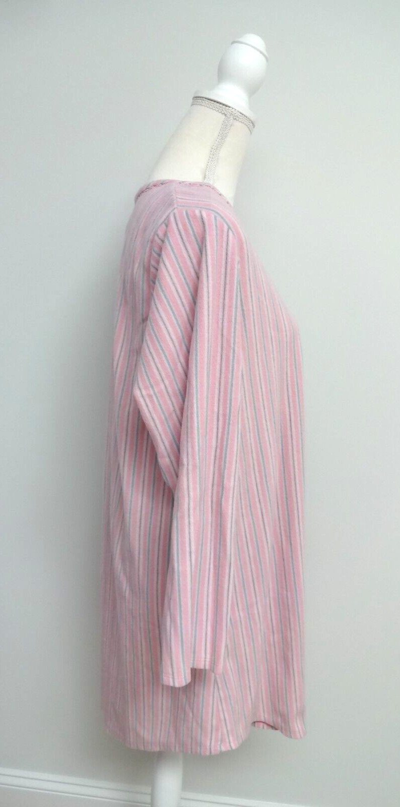 EARTH ANGELS Womens L Gray Pink Striped Long Sleeve Buttons Lace Trim Nightgown