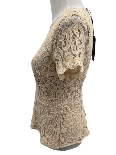 NEW Adrianna Papell Latte Beige Lace Overlay Peplum Blouse Top Womens Size Small - Picture 6 of 12