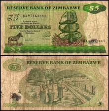 Zimbabwe 5 Dollars, 1980-1994, P-2, Damaged