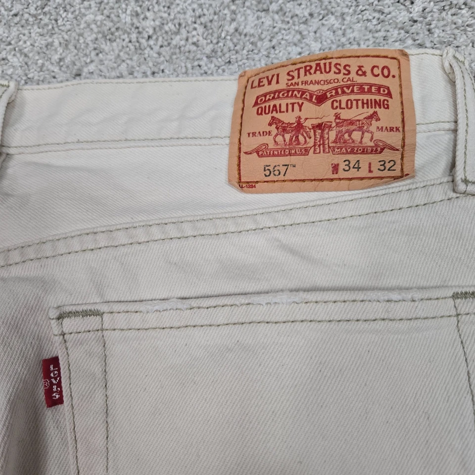 Vintage Levi's 567 Low Loose Boot Cut Jeans Men 34x32 light Beige button fly Y2K - Image 3 of 4