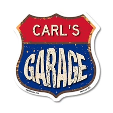 Carl's Garage Shield Shaped Sign Weather Resistant Crafted in the USA