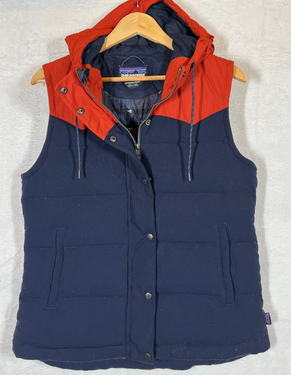 Patagonia Bivy Down Vest Womens M Blue Red Hooded Puffer Gilet Jacket