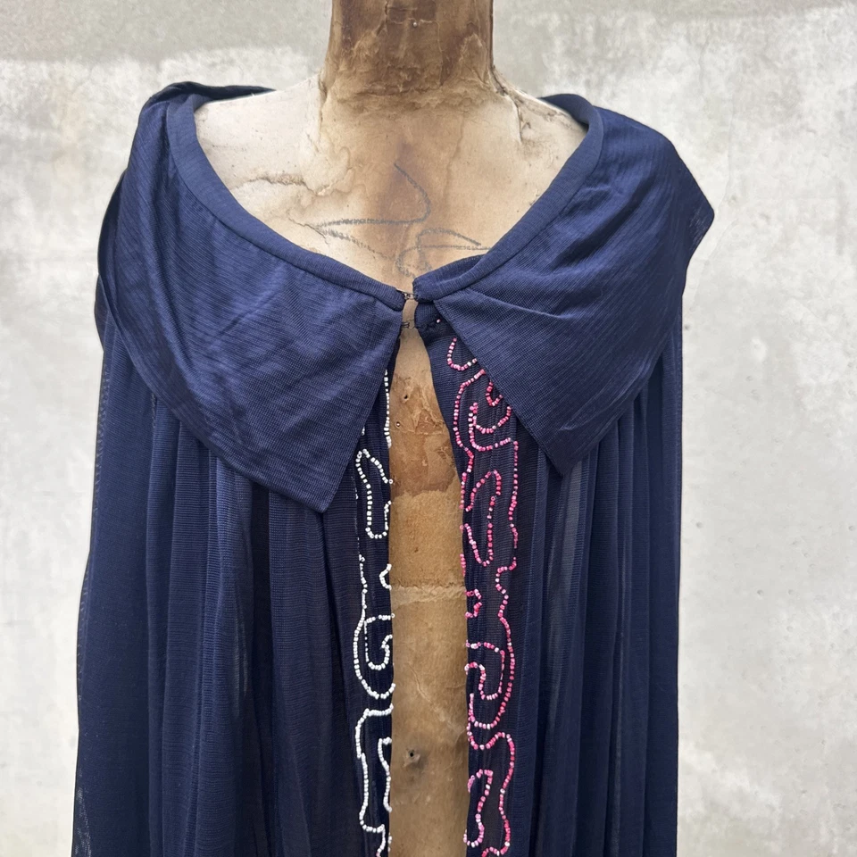 Antique 1920s Blue Rayon Knit & Hand Beaded Cape Fringe Deco Dress Coat Vintage - Image 3 of 4