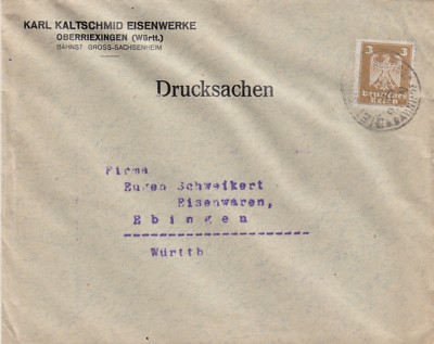 Oberriexingen, envelope 1927, Karl Kaltschmid Eisenwerke