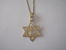 Solid 14K Yellow Gold Messianic Star of David with Cross Charm Pendant Necklace 
